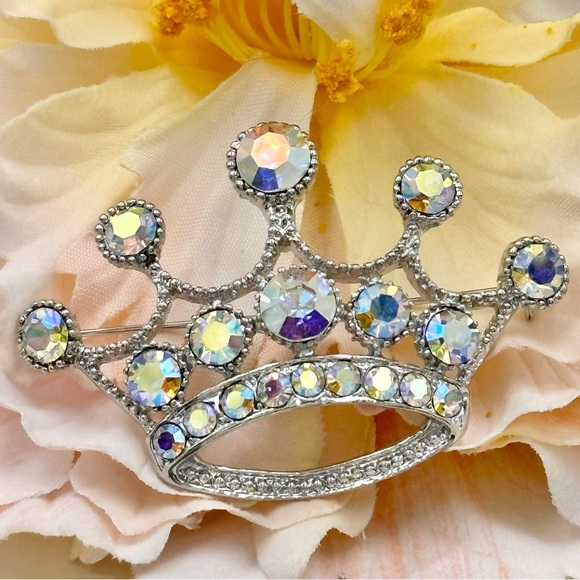 AB Iridescent Bling Rhinestone Crown Pendant Pin Brooch - Picture 1 of 4